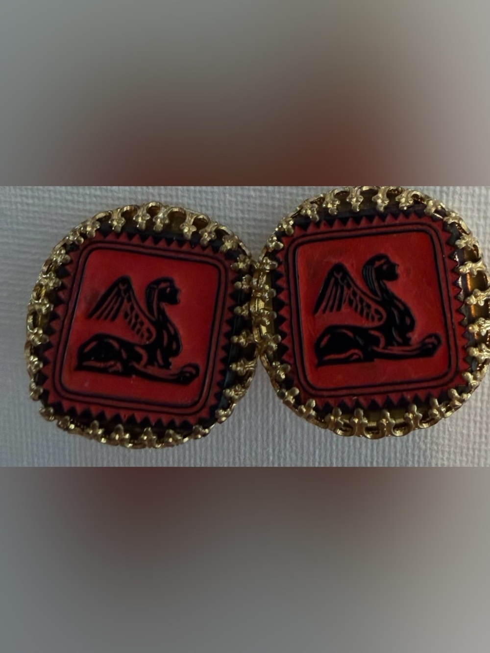 Vintage Egyptian pharaoh Red and Black Earrings with Gold Trim
